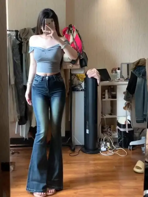 

High Waist Denim Jeans Women's Slim Fit Stretchy Blue Long Pants Retro Sle Bell Bot Cotton Stretch Denim Spring Autumn