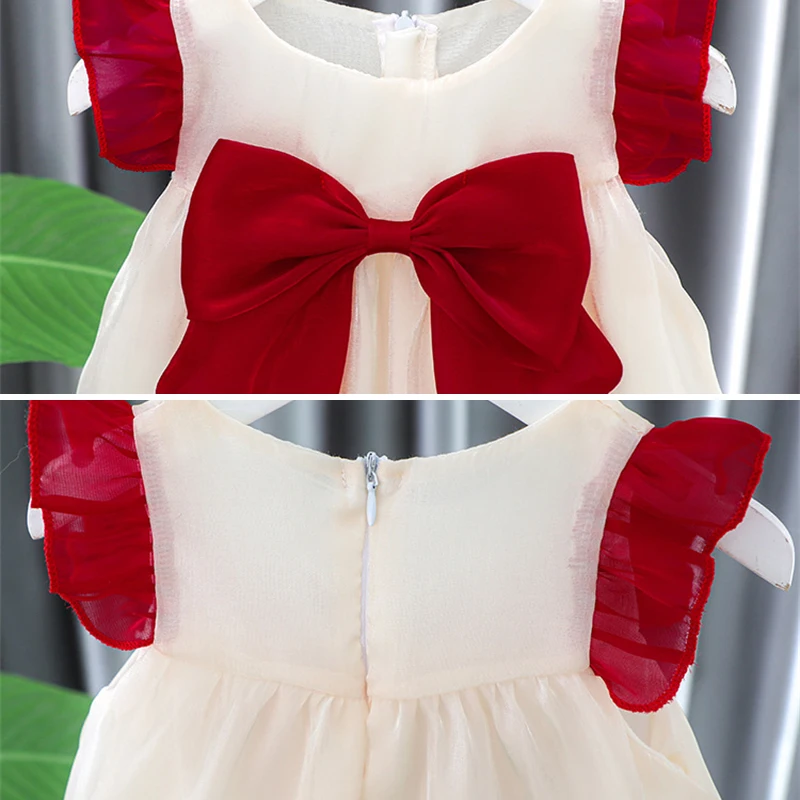 New Girls Party Dress Summer Elegant Princess Dress Red White Dress 0-5 Years Big Bow Kids Birthday Party Clothes