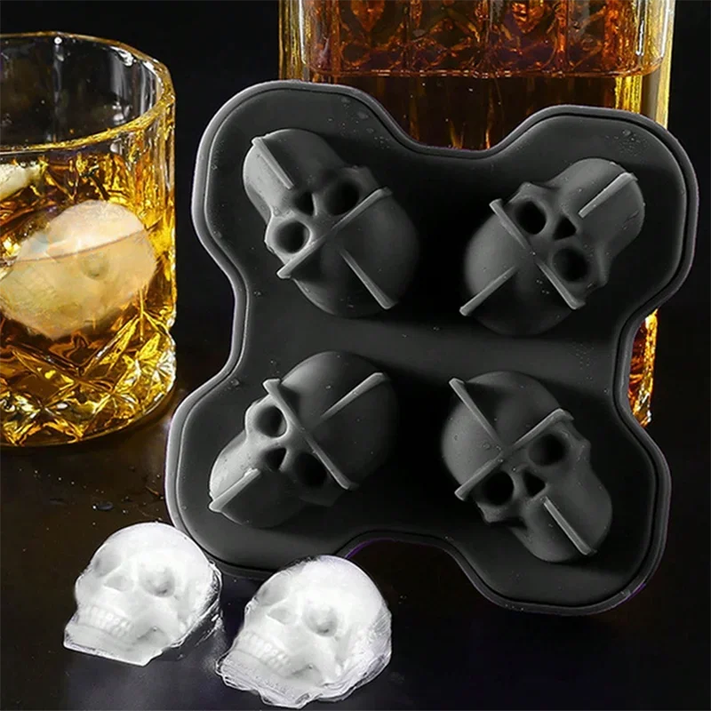1 Stück-3D Totenkopf-Eiswürfelform, Silikon-Eisbereiter-Formen, Eiswürfelform mit 4 Mulden für Eis und Party