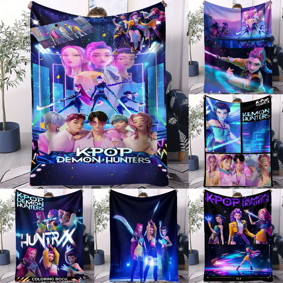 

KPop D-Demon H-Hunters Flannel Blanket Cyber Battle-style Plush Throw Warm for Home Office Nap Camping All Season Novelty Gift