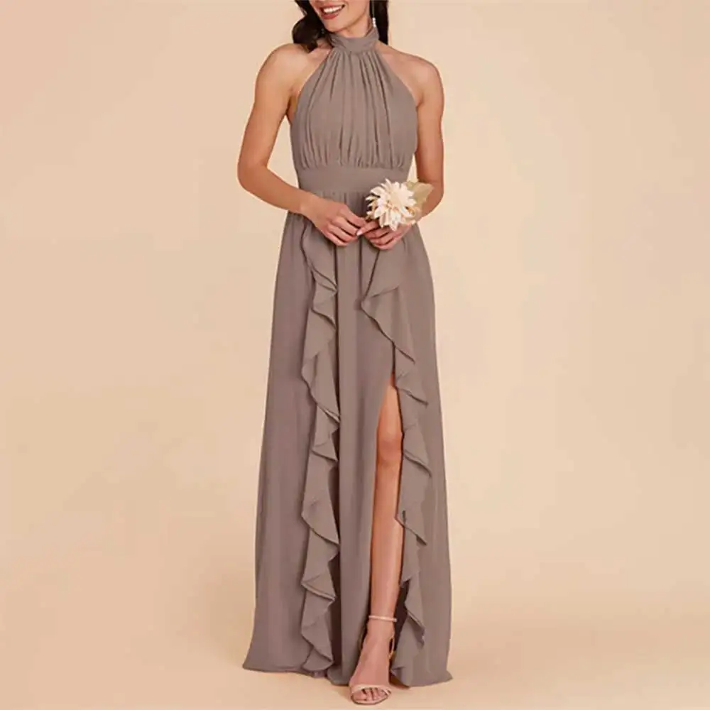 แม่ของชุดเจ้าสาว Halter Ruffled Belted Backless Side Slit ชุดราตรี Elegant Party Dress ชุดเจ้าสาวงานแต่งงาน