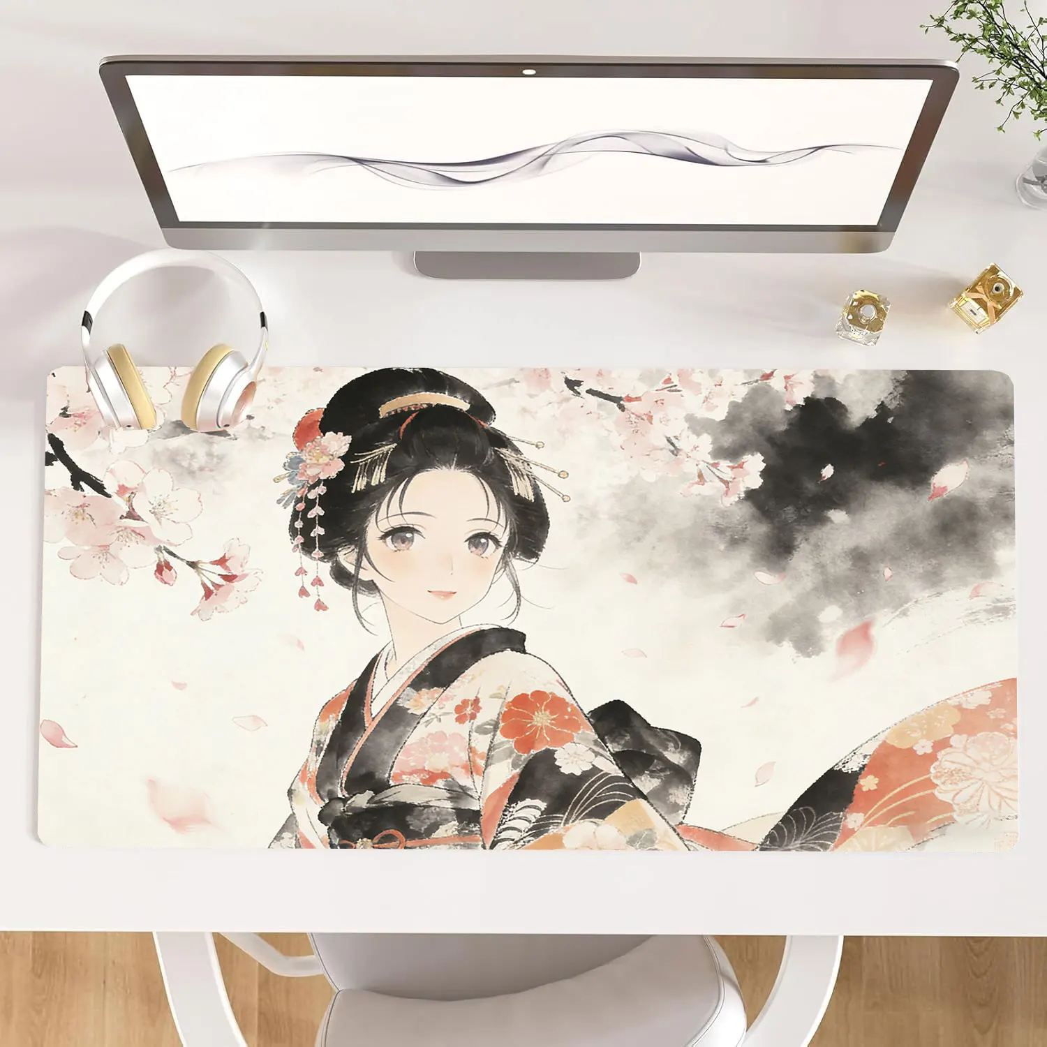 

Большой коврик для мыши, игровой коврик для мыши XXL, японское кимоно для девочек, противоскользящее резиновое основание, прецизионный настольный коврик с подшивкой для компьютера/офиса