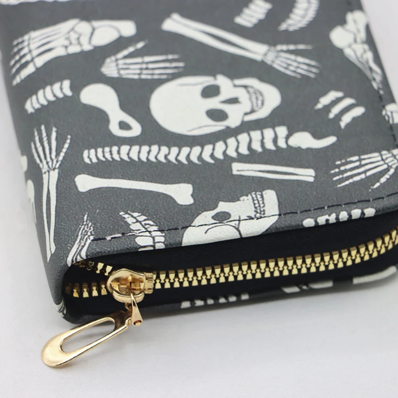 Halloween Skeleton  Zip Wallet Womens Long Purses Handbags Coin Purse Cards Holder PU Billfold Wallet