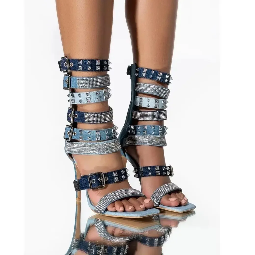 

Bling Metal Decotation Denim Patchwork Sandals Buckle Ankle Strap Stiletto Heel Party 2025 New Arrival Summer Woman Shoes