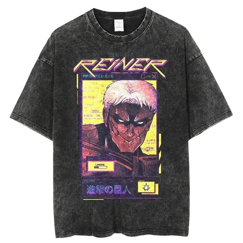 Attack on Titan Reiner Braun Armored Titan Retro 80s Vaporwave Vintage Washed T-Shirt Anime Streetwear for Men Women Casual Tees