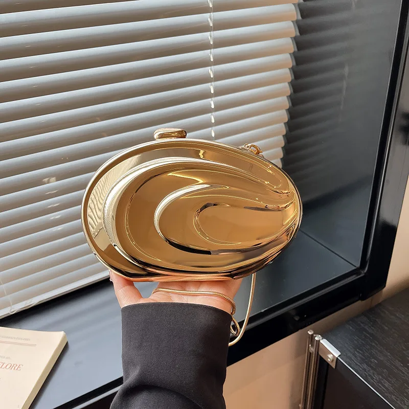 

Retro High-end Mirror Polishing Process Elliptical Clutch Bag New Shiny Metal Texture Banquet Bag Women's Party Wedding Purse