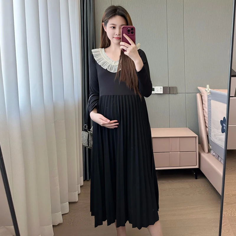 

Autumn Elegant Pregnant Dress Black Long Sleeve Sweet Lace Peter Pan Collar Patchwork Maternity Pleated Dress Women Loose Dress