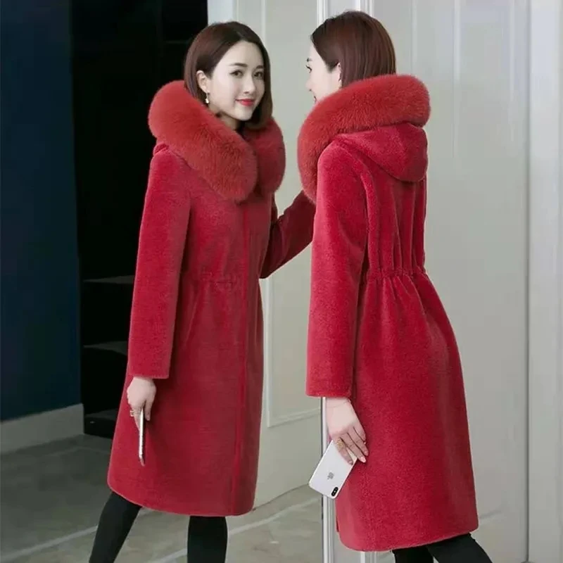 Granule Sheep Shearing Wool Jacket Women Winter NEW Hooded Fox Fur Collar Fur Coats High-quality Thicken Warm Overcoat Female