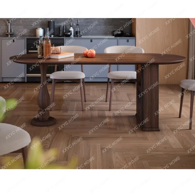 XX retro medieval solid wood dining table oval semicircular small apartment foldable walnut dining table
