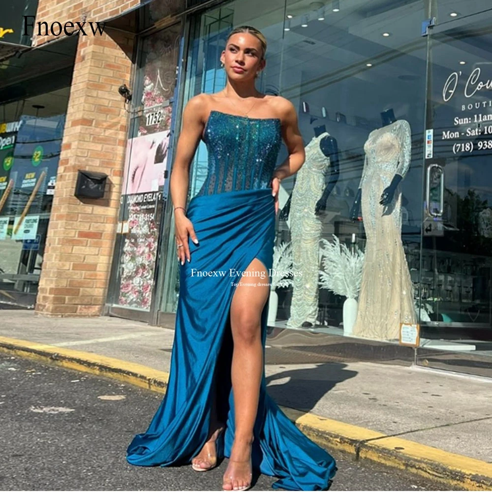 

Fnoexw Girl Blue Mermaid Prom Dresses Sparkly Sequined Women Formal Formal Gowns Sexy Leg Slit Pleat Satin Vestidos De Fiesta