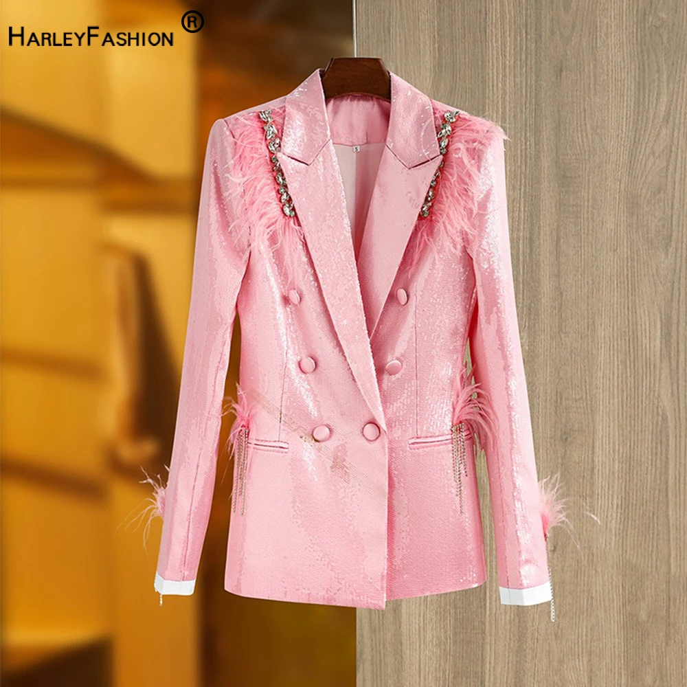 Splendido Costume Baby Pink Sparking paillettes Feather Patchwork Fancy Stones giacche da festa di lusso da donna blazer da donna