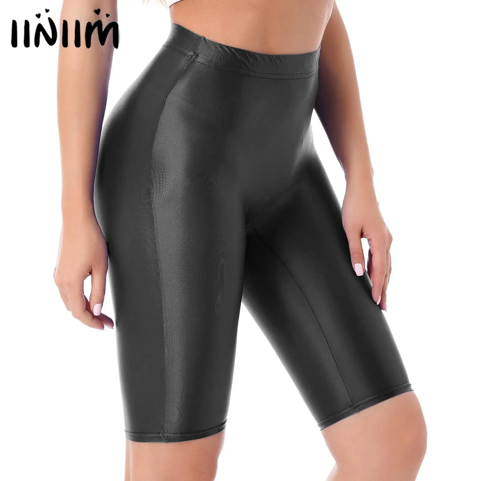 Pantaloncini da bagno da ginnastica da donna pantaloncini lucidi a vita alta elastico in vita Leggings corti costumi da bagno allenamento pantaloni sportivi