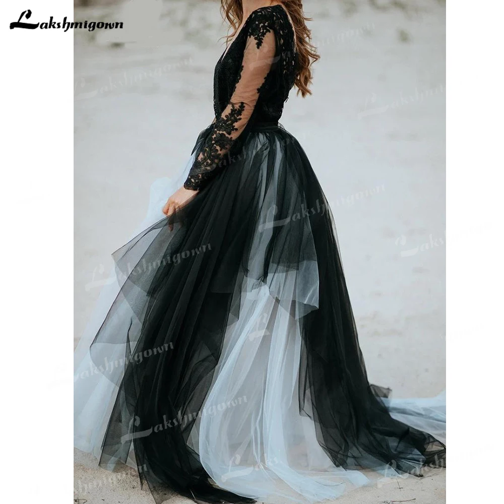 Two Piece Bridal Luxury Tulle Dress Magic Black Wedding Dress 2023 Lace V-neck Boho Bridal Separates long sleeves Wedding Party