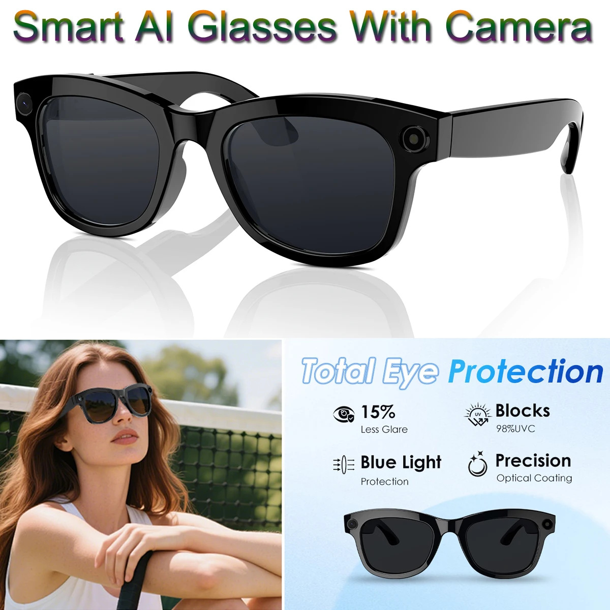 Occhiali intelligenti con fotocamera e funzionalità di traduzione in tempo reale, fotocamera HD 1080P con Bluetooth, doppio microfono con tecnologia ENC per la riduzione del rumore, lenti con filtro