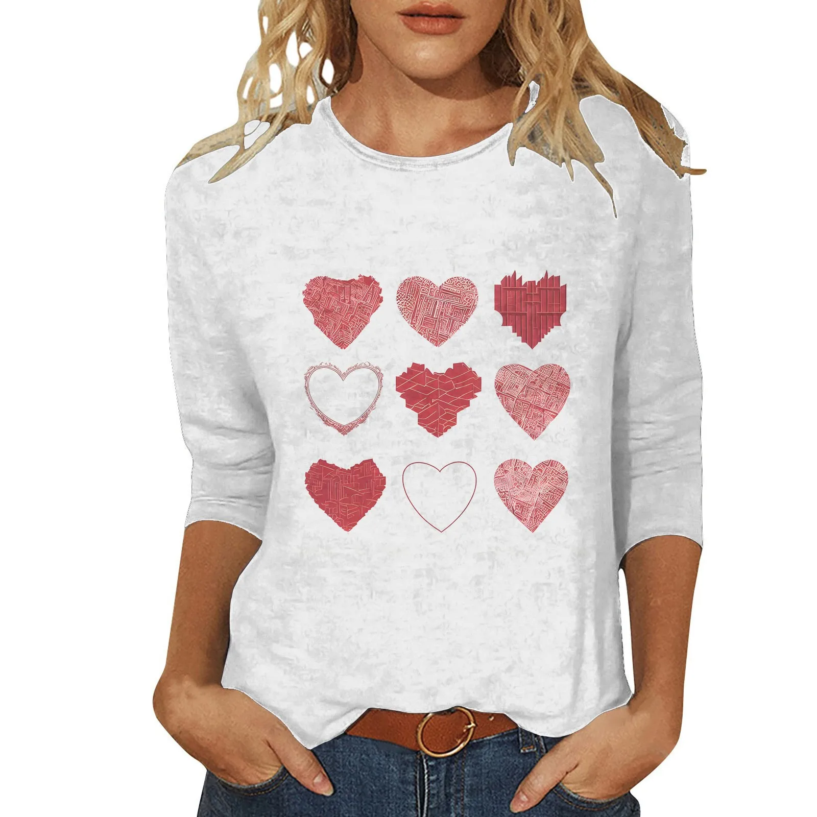 Women's 3/4 Sleeve Crew Neck Top Valentine's Day Nine Square Grid Love Women Training Shirts