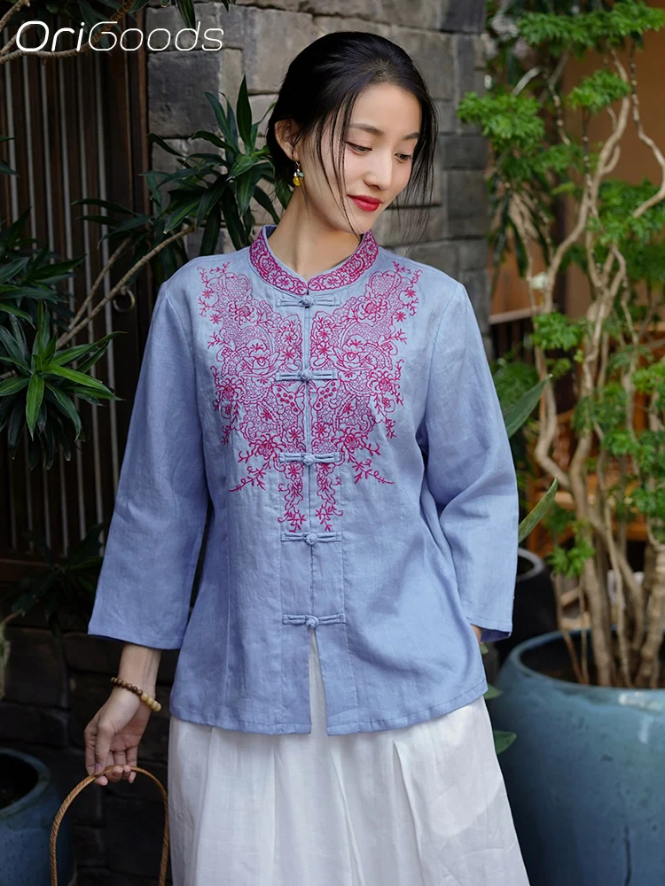 OriGoods National style Embroidery Summer Shirt Linen 100% Women Chinese style Ethnic Blouse Shirts 2024 New Linen Tops Q073