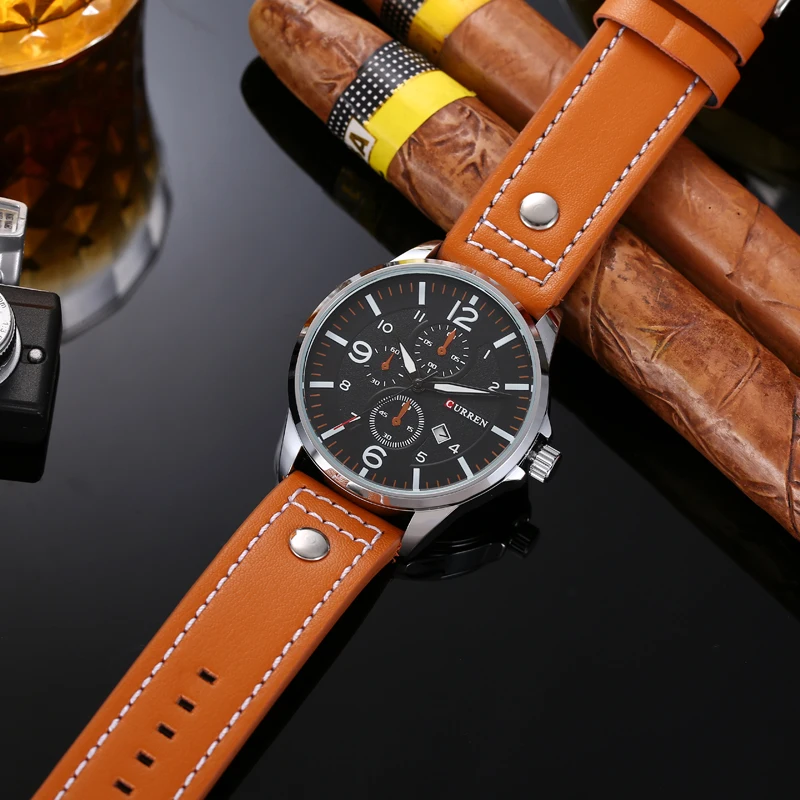 CURREN 8164 Factory Watch Men Brown Calendar Sport Military Male Clock Top Brand Luxury Origianl PU Leather Band Wristwatch