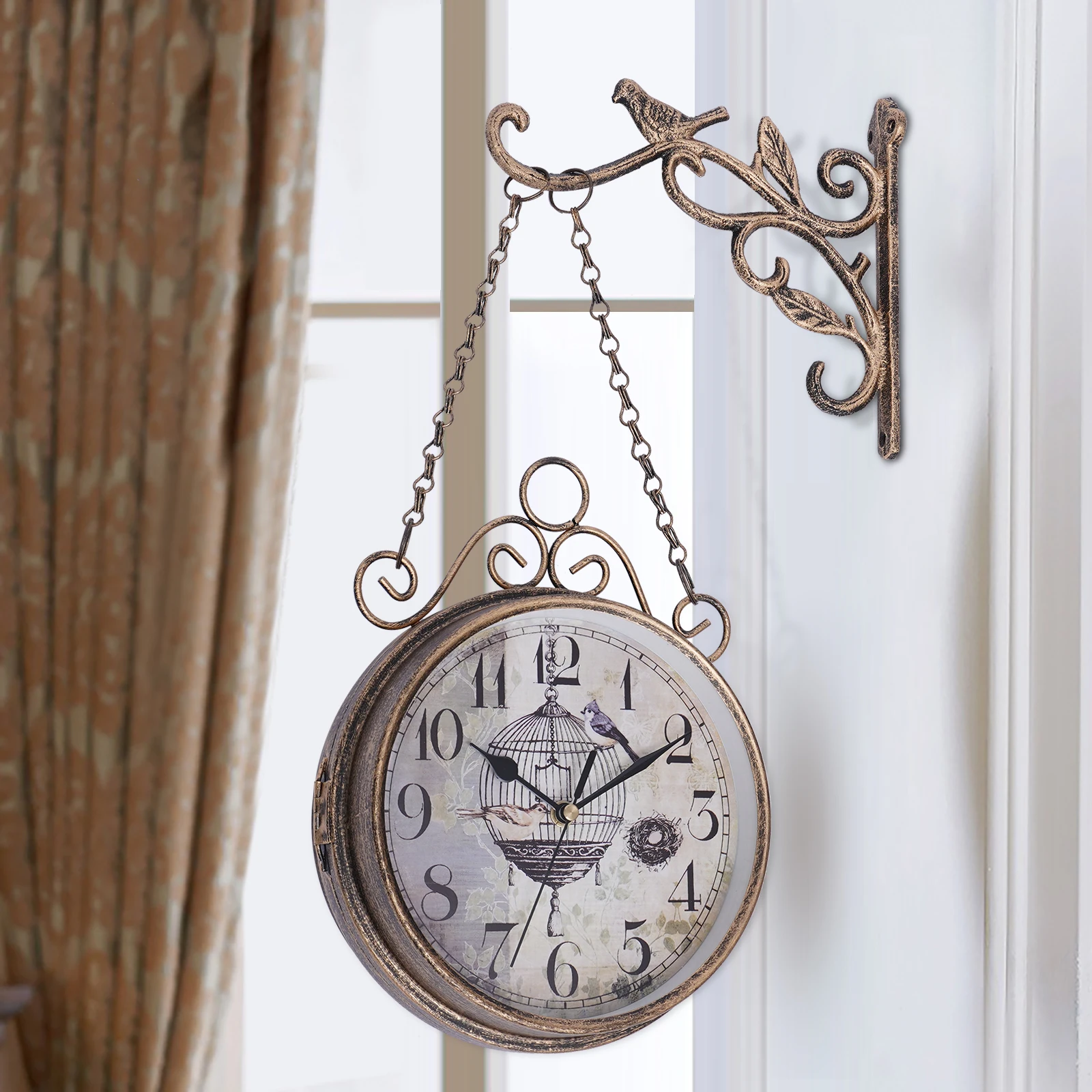 Vintage Retro Wall Clock Watch Double Sided Decor Outdoor Clocks Hanging Shape Decorative Branches Simple