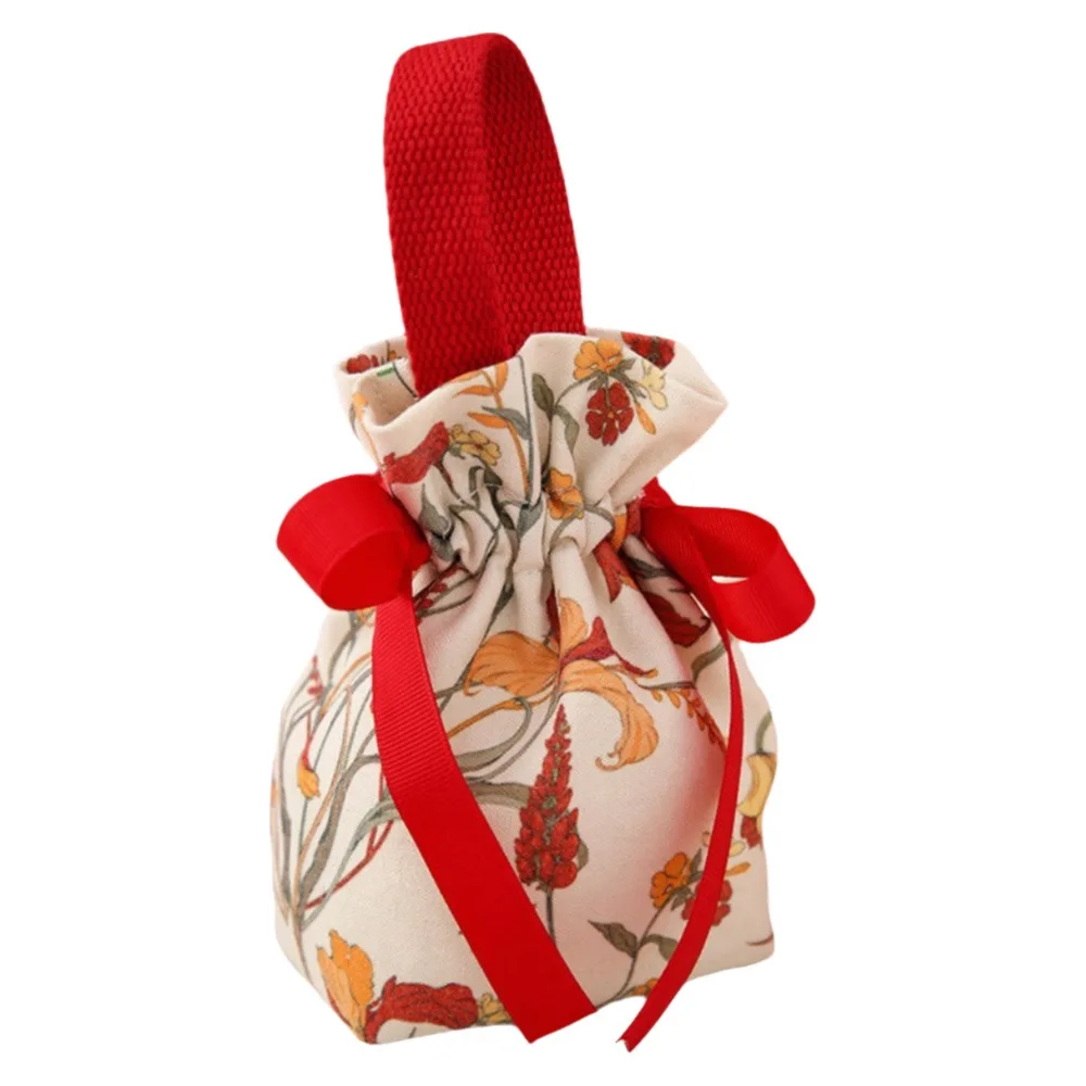 

Traditional Canvas Wedding Candy Bag Drawstring Spring Festival Chinese Style Handbag Flower Bowknot New Year Gifts Bag Birthday