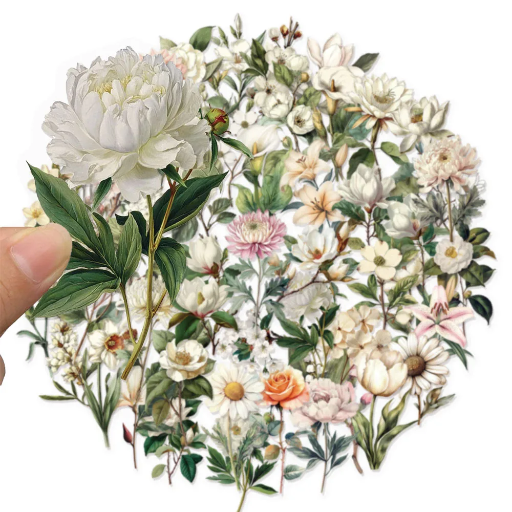 50PCS Retro Long Branch Flower Plastic Stickers Luggage Manual Material Retro Flower Decoration Waterproof Stickers