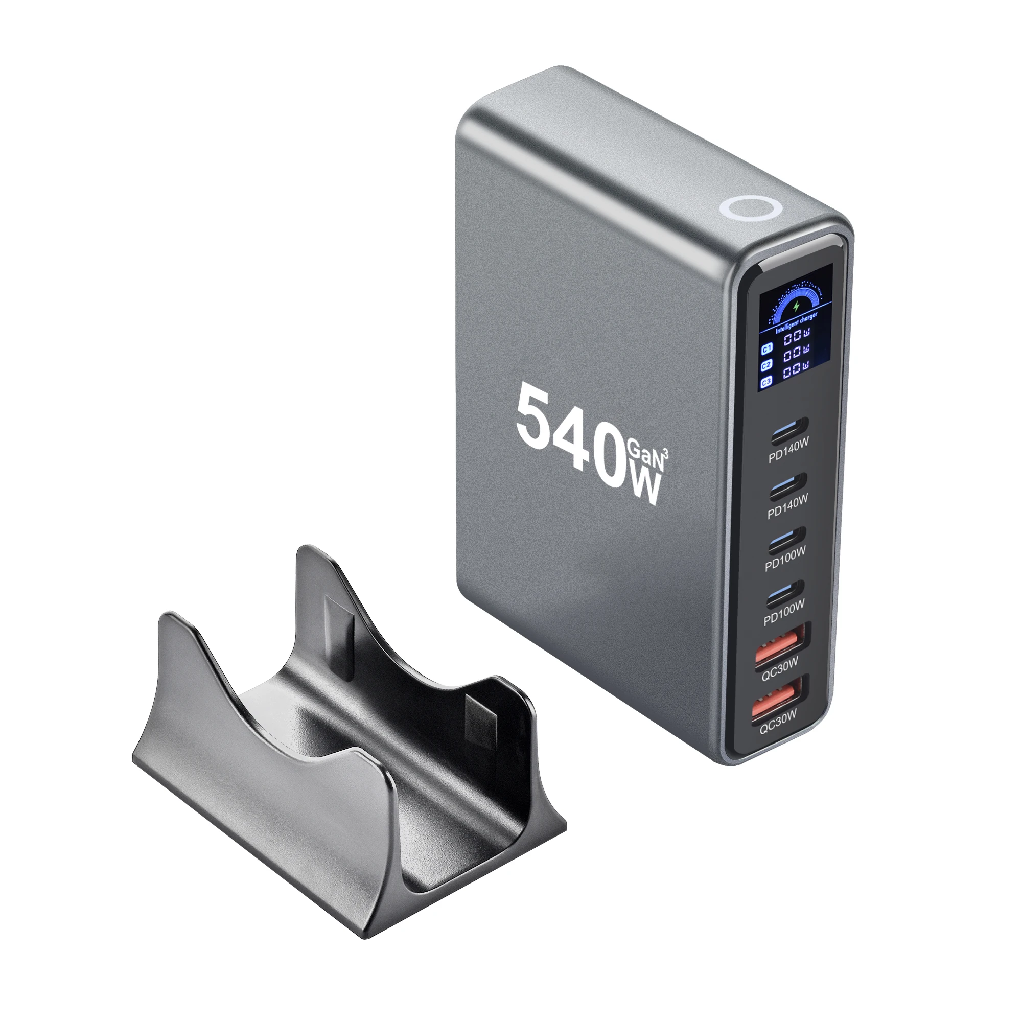 540w-gan充電器（ディスプレイ搭載）デスクトップ140w-usb-c-6ポート急速充電ステーション（携帯電話、タブレット、電子機器対応）