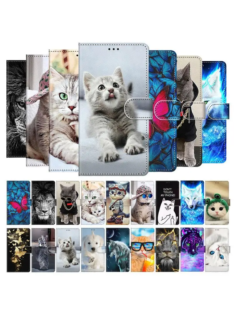 Étui à rabat en cuir pour Samsung Galaxy S20 S21 FE S22 S23 Plus, mignon chien chat, portefeuille peint Ultra Animal, porte-carte sur couverture de livre