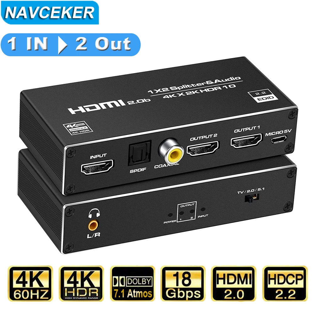 Navceker HDMI Splitter 1x2 4K HDMI Splitter Audio Extractor 1 in 2 out Port HDMI Cable Splitter HDMI Amplifier for PS4 PS5 Xbox