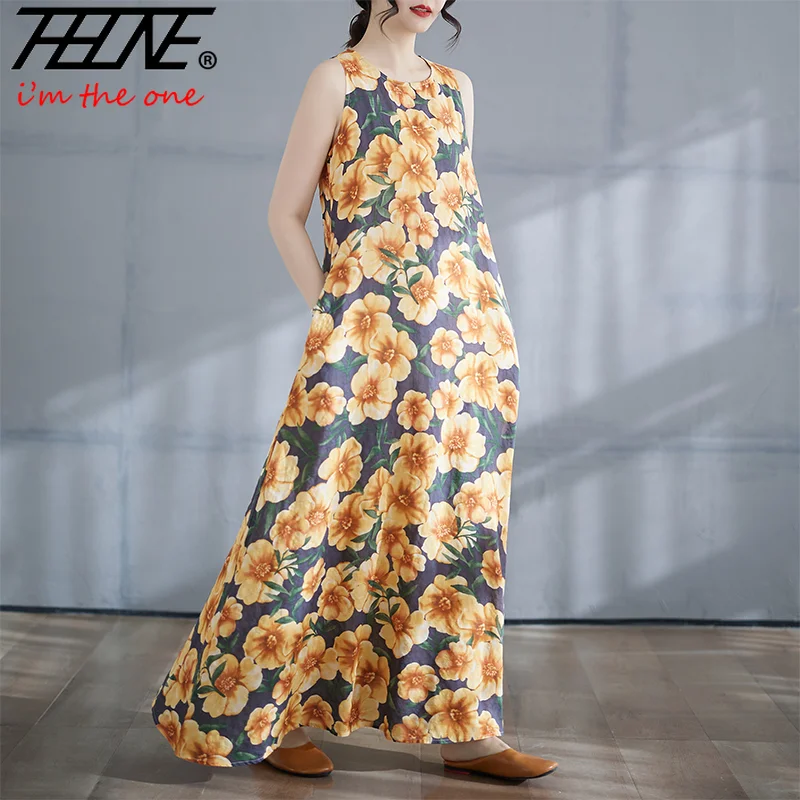 THHONE Vestido Feminino Summer Dress Women Sleeveless Robe Tank Bohemian Beach Style O Neck Print Elegant Women's Loose Dresses