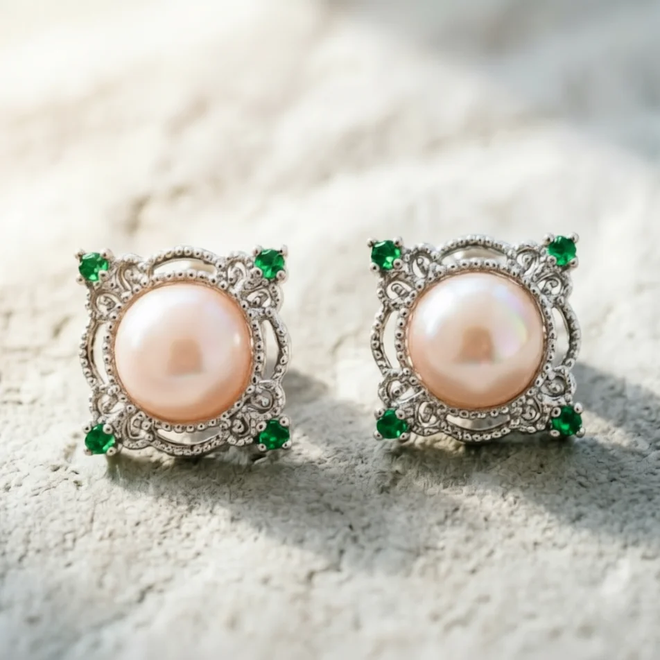 

JY ZuBo 5A Peach Pink Pearl Earrings Women Square Green Zircon Studs Vintage OL Fine Jewelry Wedding Party Anniversary Gift