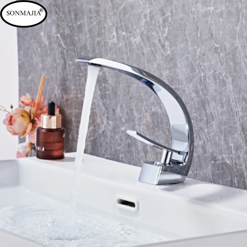 SONMAJIA 브러시드 골든 욕실 수도꼭지, 솔리드 황동 브러시드 니켈 세면대 수도꼭지, 온수 냉수 1 홀 1 핸들 싱크대