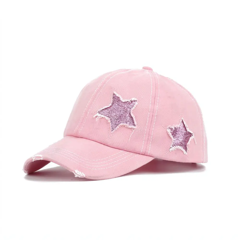 Washed Cotton Baseball Cap Ponytail Hole Vintage Distressed Hat Sequined Star Adjustable Sport Outdoor Sun Hat view 3