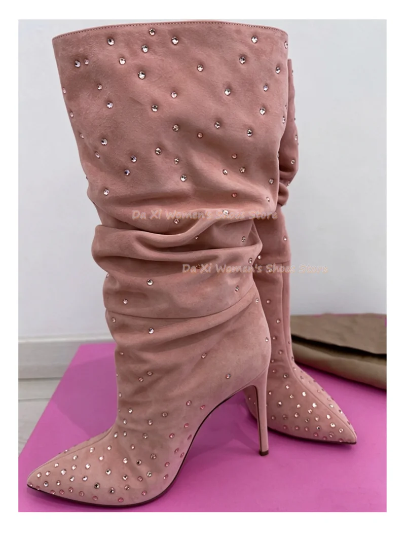 Women Nude Color Slouchy Knee High Boots Suede Full Rhinestone Decor Pointed Toe Thin Stiletto Heel Pleated Tall Evening Boots