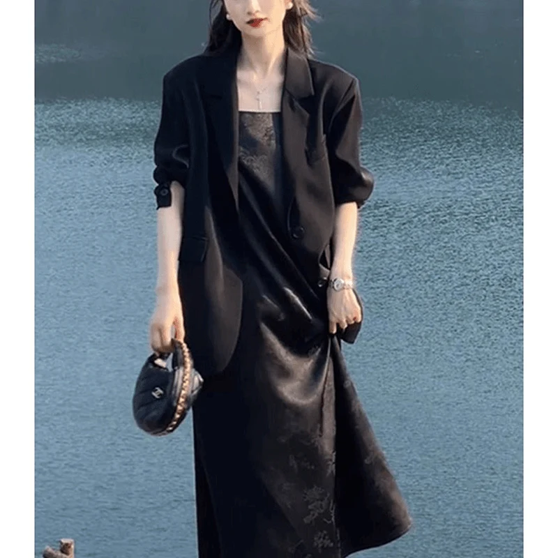 Summer Chinese Style Jacquard Suspender Maxi Dress Ladies Sleeves Elegant Fashion Simple Robe Women Temperament Satin Vestidos