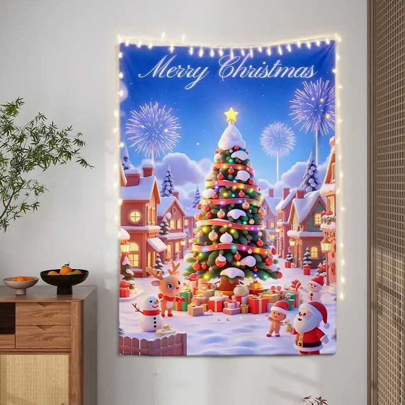 VIKAMA Wall Tapestry Cartoon Christmas Village Santa Snowman Reindeer Fireworks Merry Holiday Wall Hanging Home Decor Living