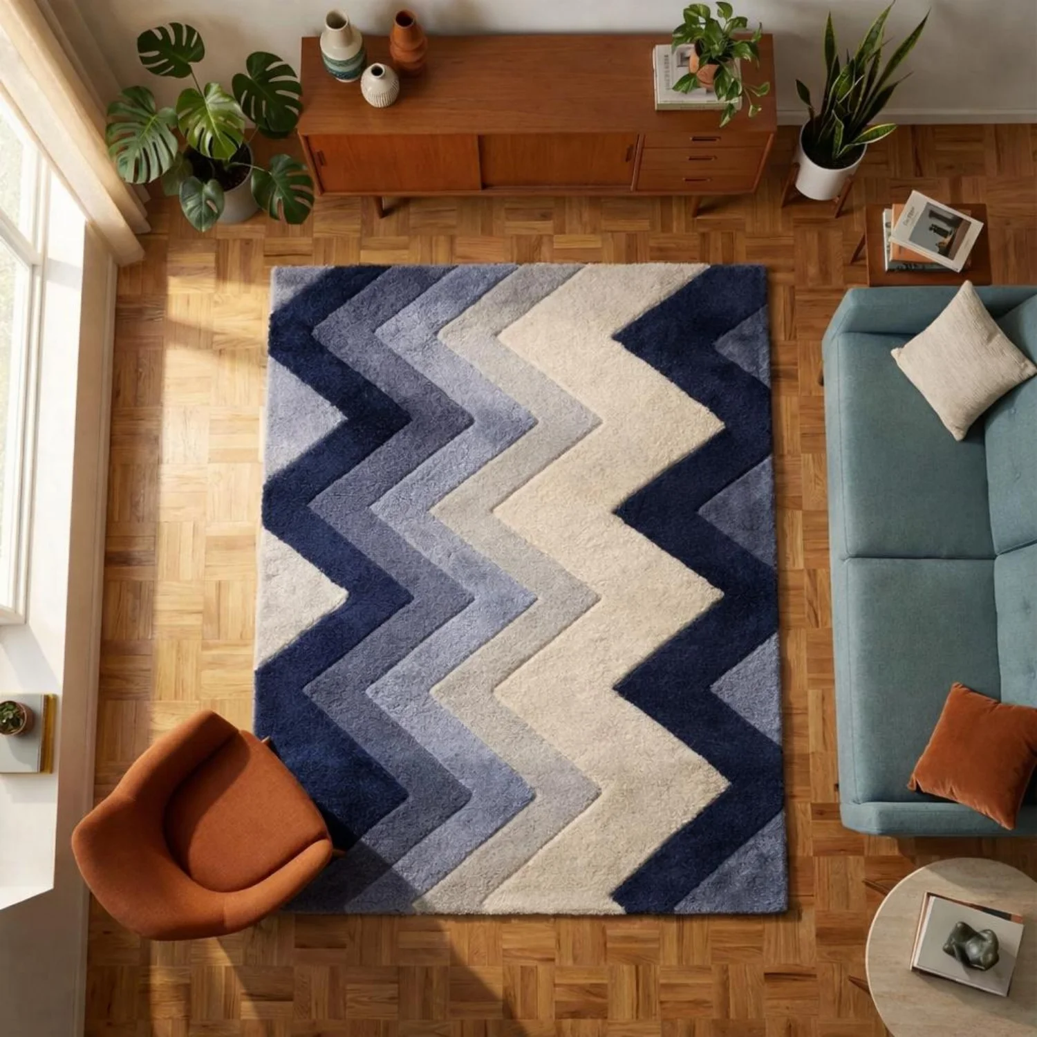 Room Decor Rug  Blue C1hevron Rug, Navy White Zigzag Area Rug Modern Geometric H1and Tufted Carpet Scandinavian Living Room Rug Contemporary Bedroom Floor Rug