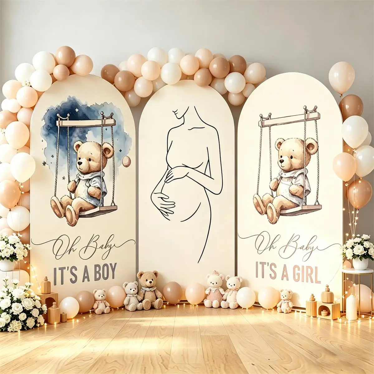 Boho Teddy Bear Baby Arched Background Cover Baby Shower Boy or Girl Gender Reveal Party Maternity Shoots Photography Background