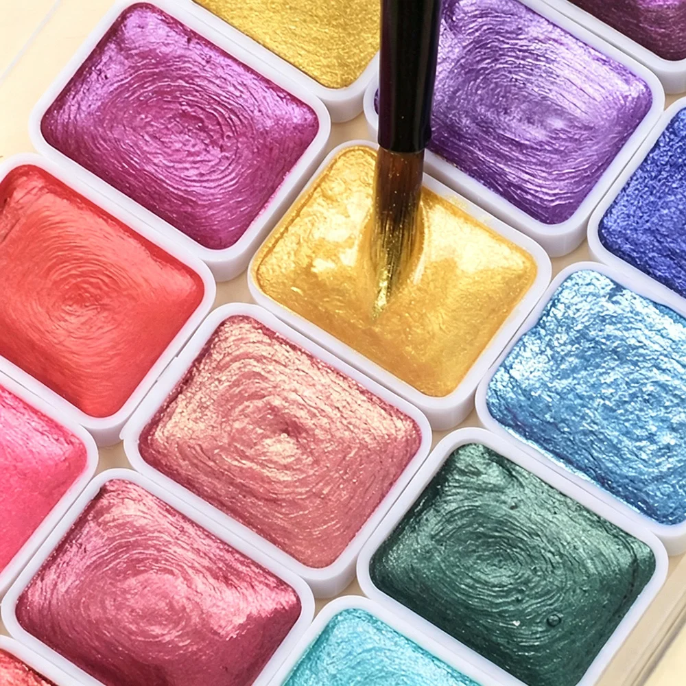 Metallic Pearlescent Solid Watercolor Paint Set Portable Water Color Pigment Easy Clean For Scrapbook Hand Painting Body Makeup