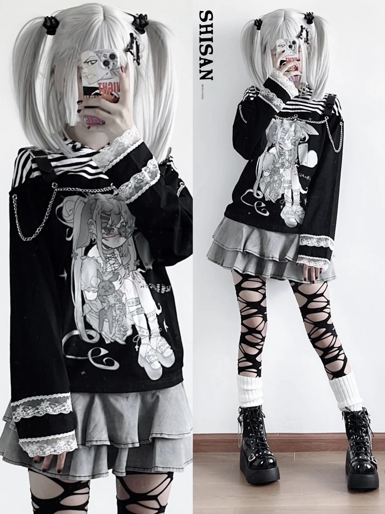 Original Japanese Style Mine Subculture Long-sleeved Hooded Hoodies Women's Anime Print Ace Splicing Striped Hooded Sweatshirts