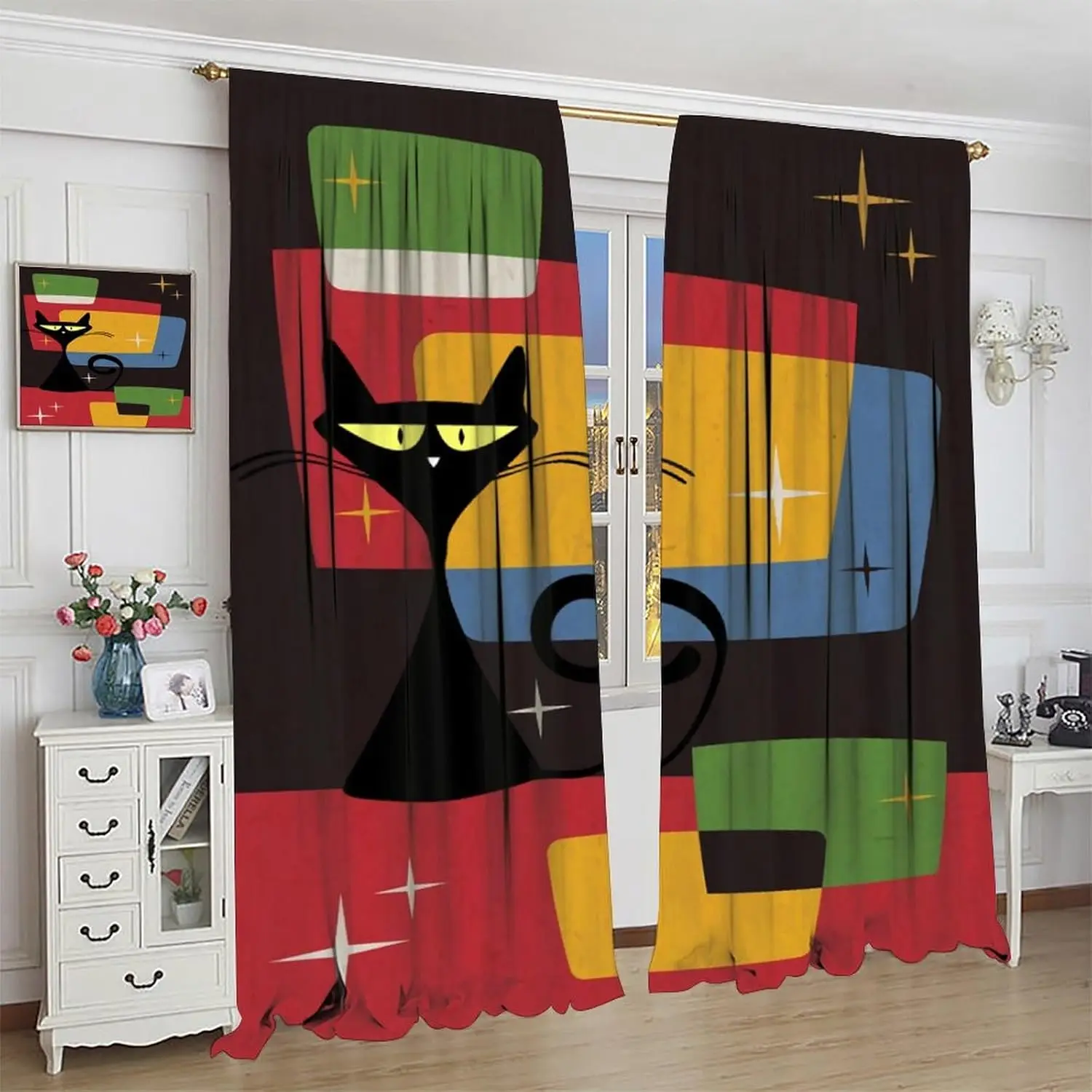 

Шторы в стиле середины века с черными кошками, ретро-дизайн, цветные блоки, атомарные иконические звезды, 1950-е годы, современные абстрактные геометрические, с креплением на штангу