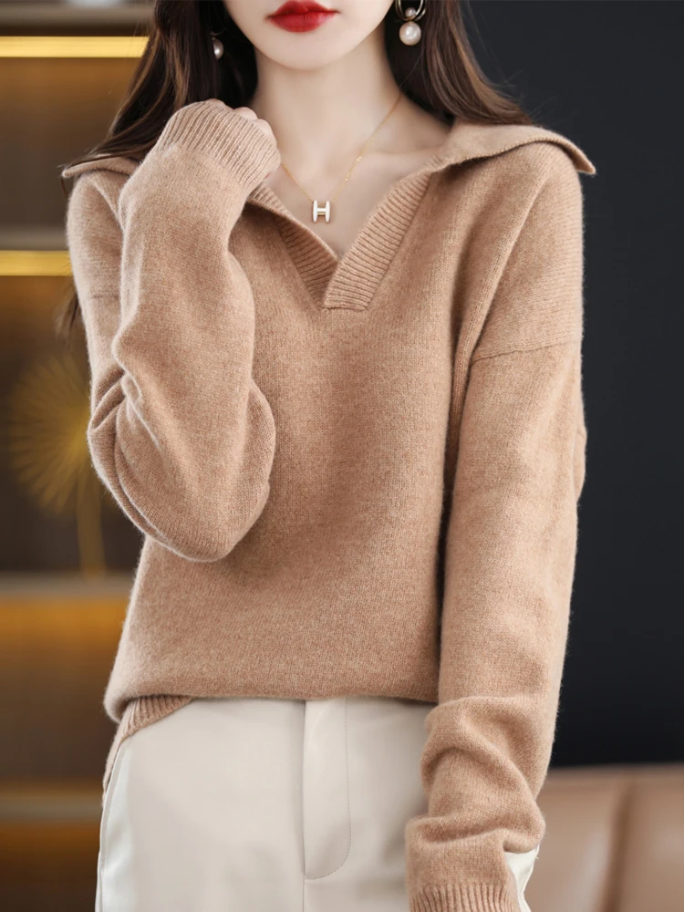 ADDONEE Women Turn Down Collar Pullover Autumn Winter Cashmere Sweater Casual Loose Style Clothing 100% Merino Wool Knitwear Top