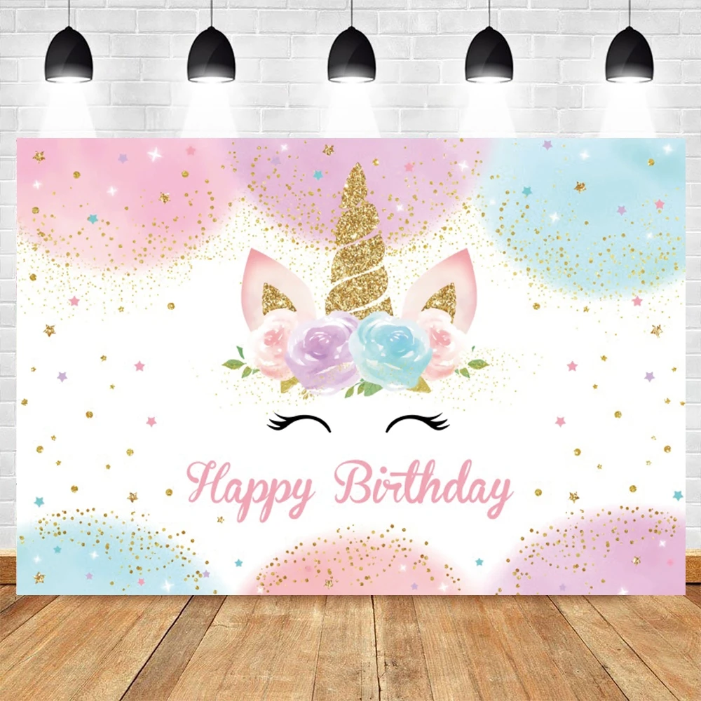 Rainbow Unicorn Photography Backdrop Gold Glitter Unicorn Floral Girl Birthday Party Decor Baby Shower Background Photo Studio