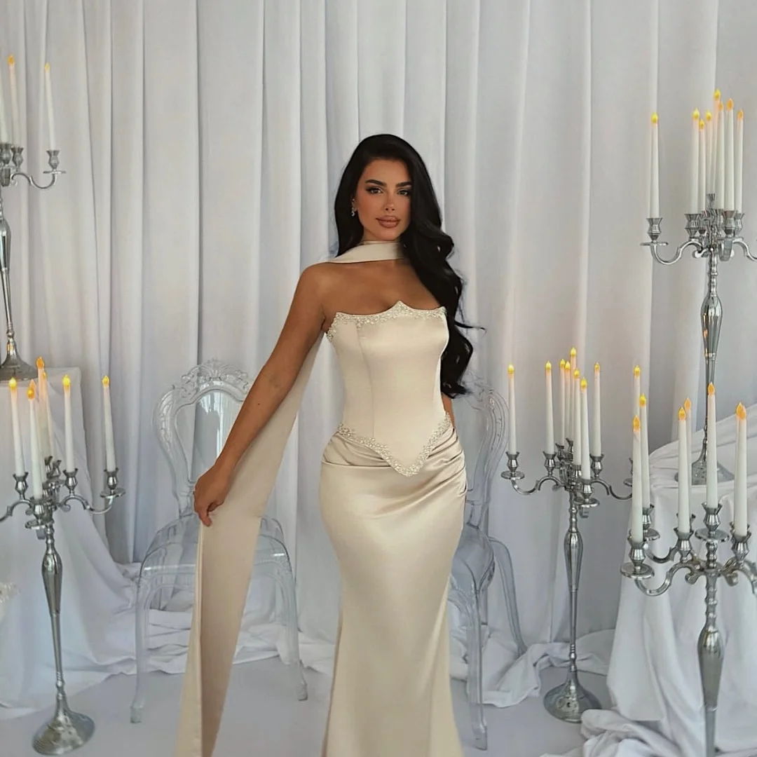 Bella Customized White Long Silk Scarves Mermaid robes de soirée Strapless Backless Party Dresses Floor-Length Prom Dress 2025