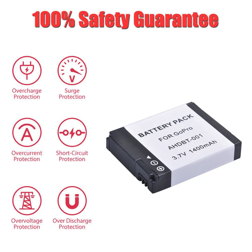 3.7V 1400mAh AHDBT-001 AHDBT 001 002 AHDBT-002 for GoPro HD 1 2 Go Pro HERO 1 2 Hero1 Hero2 Li-ion Battery Bateria