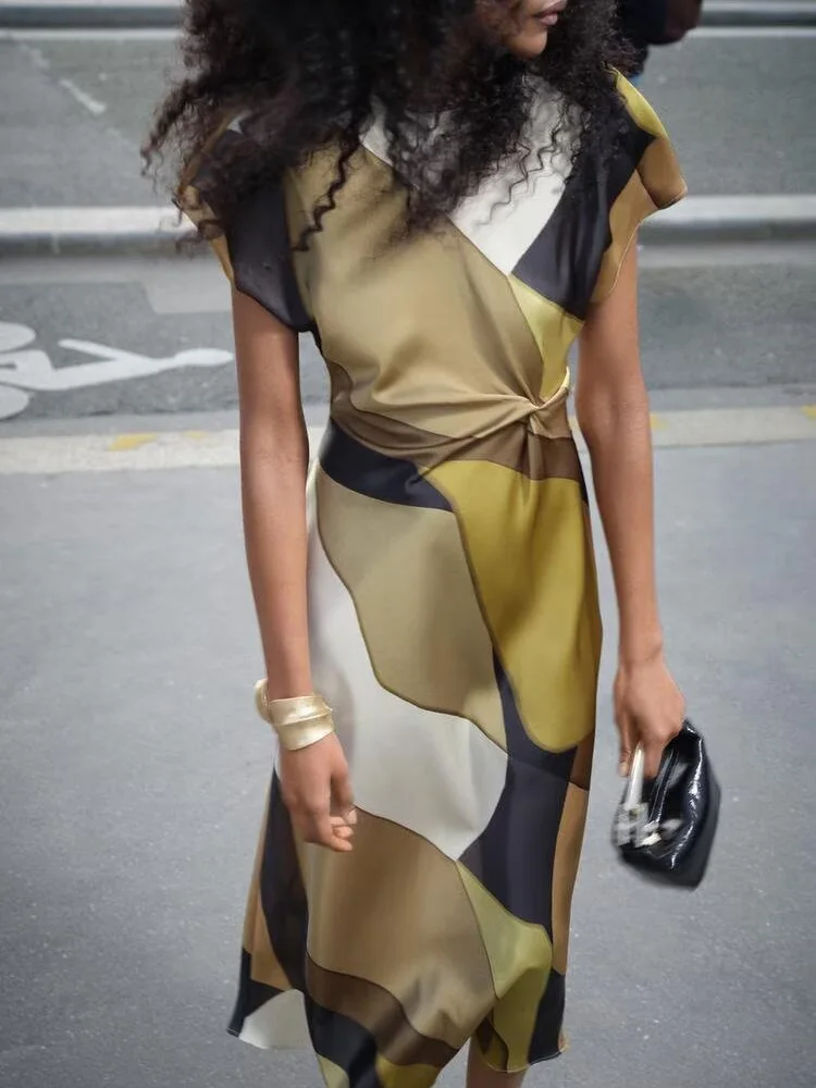 Frühling Neue Ankunft frauen Midi Dr Abnehmen Taille Seide Satin Druck ZA2025 Ele Faionable Ein Stück Langen Rock