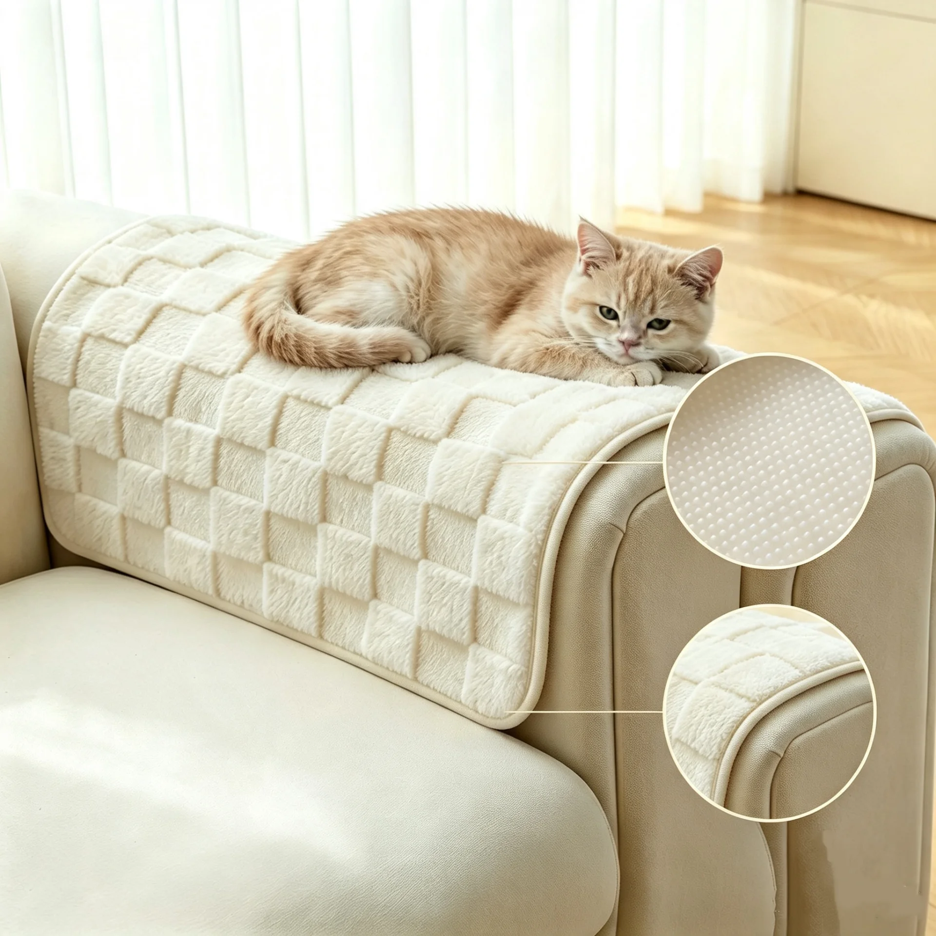 All‑Season Sherpa Fleece Pet‑Friendly Sofa Cushion Woven Grid Non‑Slip Handrail Cover Single Chair Backrest Dust Protector Pad
