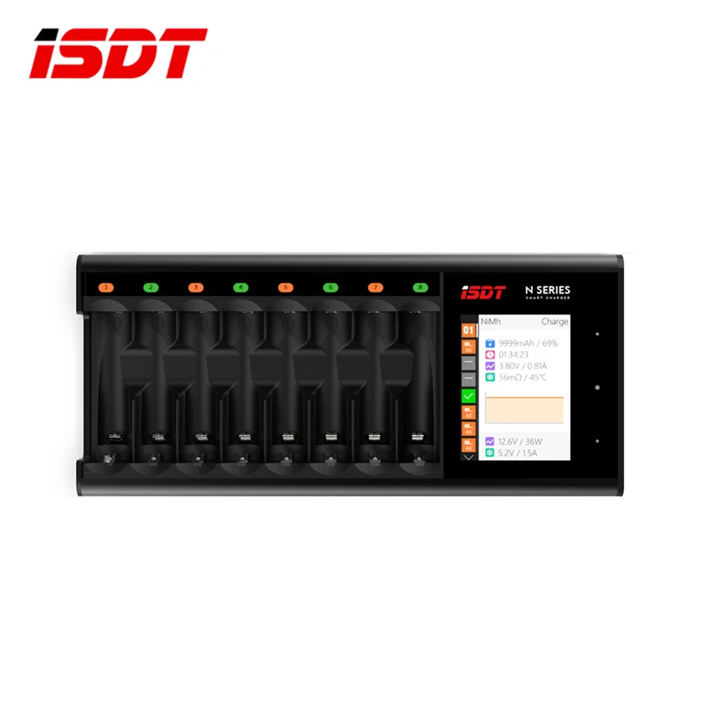 ISDT N8 Smart Battery Charger Type‑C 8‑Slots For AA/AAA Li‑ion Ni‑MH Ni‑Cd LiFePO4 Independent Channel Charge Discharge IPS LCD