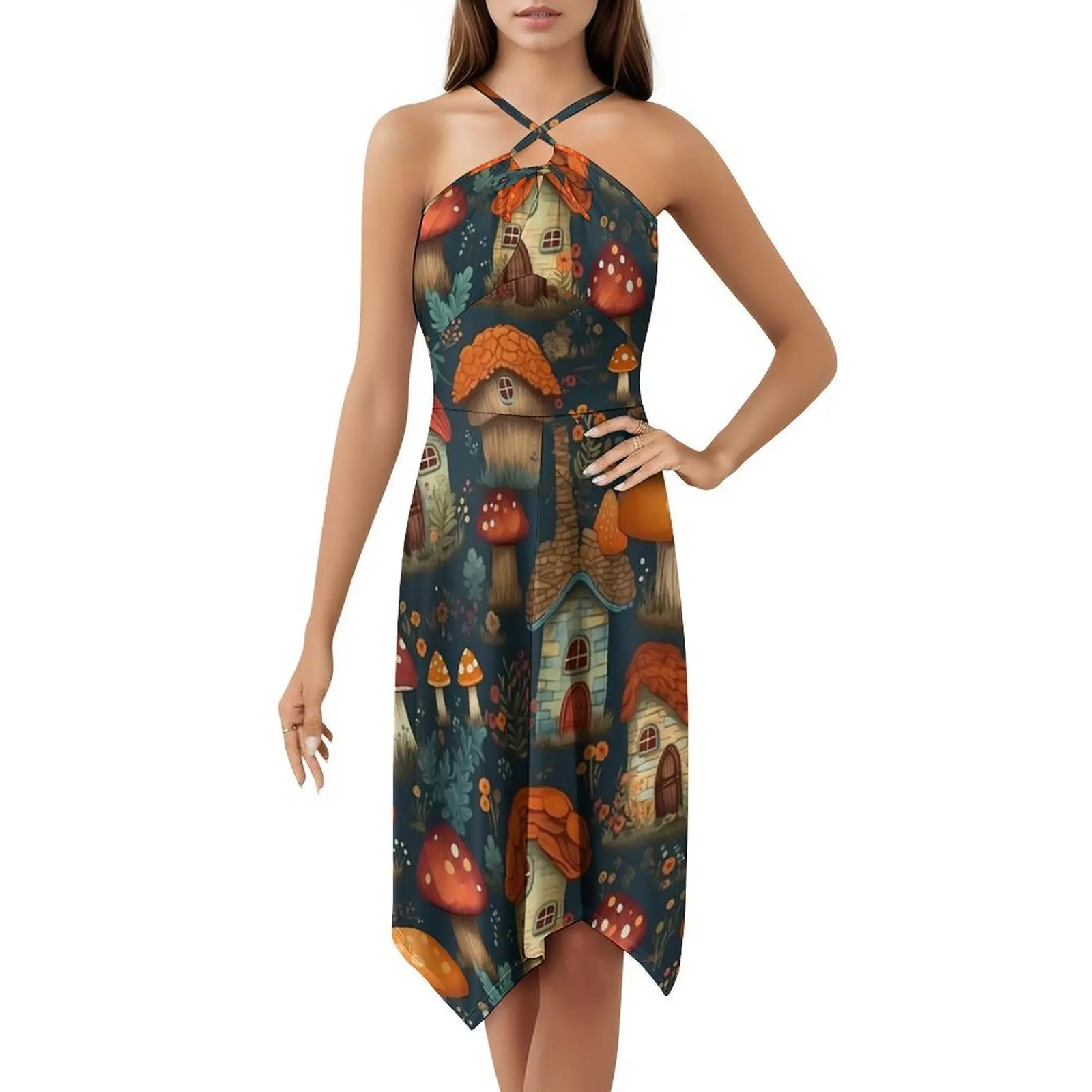 فستان Dreamy Mushroom Cottage Escape-Cottagecore Fantasy على الطراز الكوري للنساء فستان كاجوال أنيق للحفلات أو الارتداء اليومي