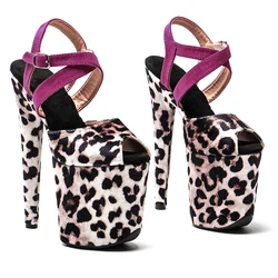 Leecabe 20 cm/8 pulgadas hermosa parte superior de leopardo con sandalias de moda de tendencia de gamuza zapatos de tacón alto plataforma zapatos de baile de barra