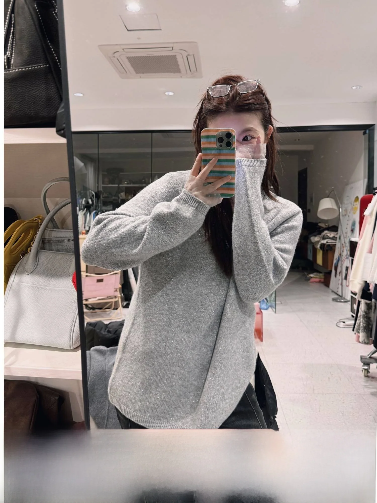 

JINGU Practice Cupid Loose Silver Tead Knitted Sweater Polka Dot Net Splice V Ne Soft Polyester Blend Long Sve Women's...