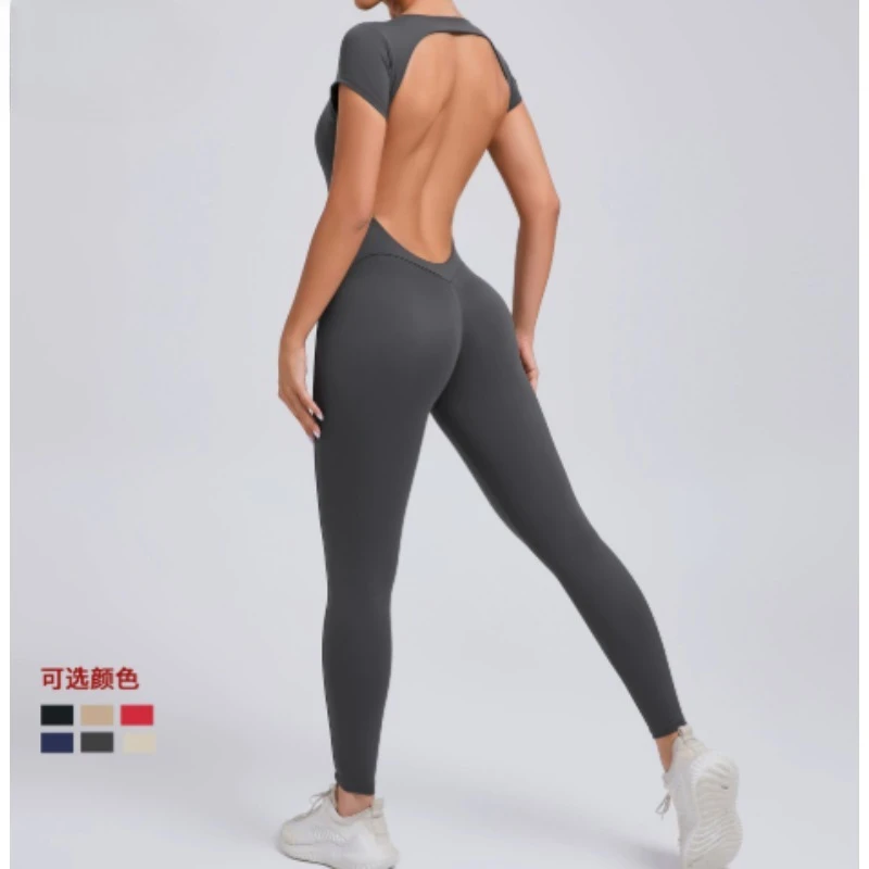 Tuta da yoga monopezzo da donna manica corta aperta sul retro slim fit outfit sportivo collant abbigliamento fitness da palestra per sollevamento dell'anca ad asciugatura rapida
